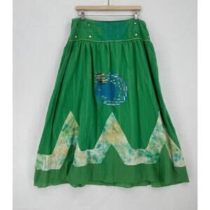 Muchacha Green Printed Embroidered Boho Midi A Line Skirt Sz 44